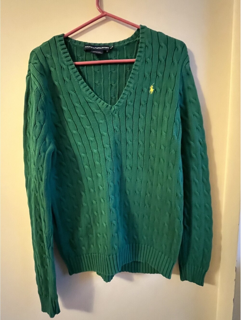 Ralph Lauren Men’s Sweater Green V-Neck Cable Knit XL EUC Classic